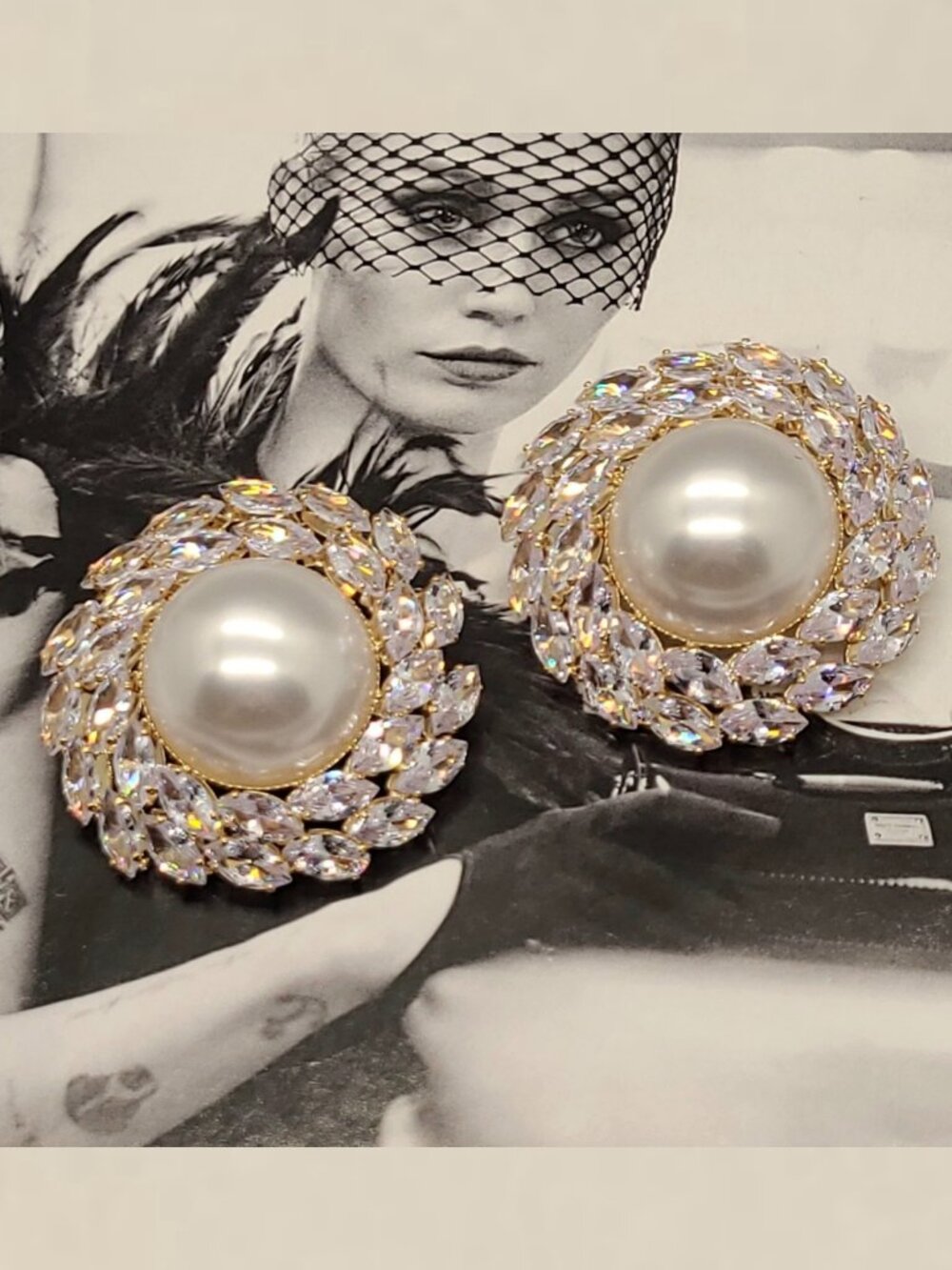 Vintage Estate 80s 90s Round Aurora Borealis Crystal & Pearl Glamourous Oversize